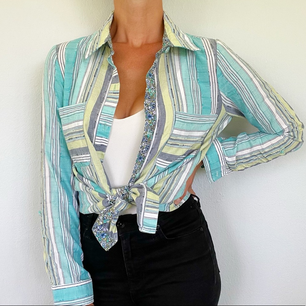 Appleseed’s green and blue mixed pattern striped button down shirt size small